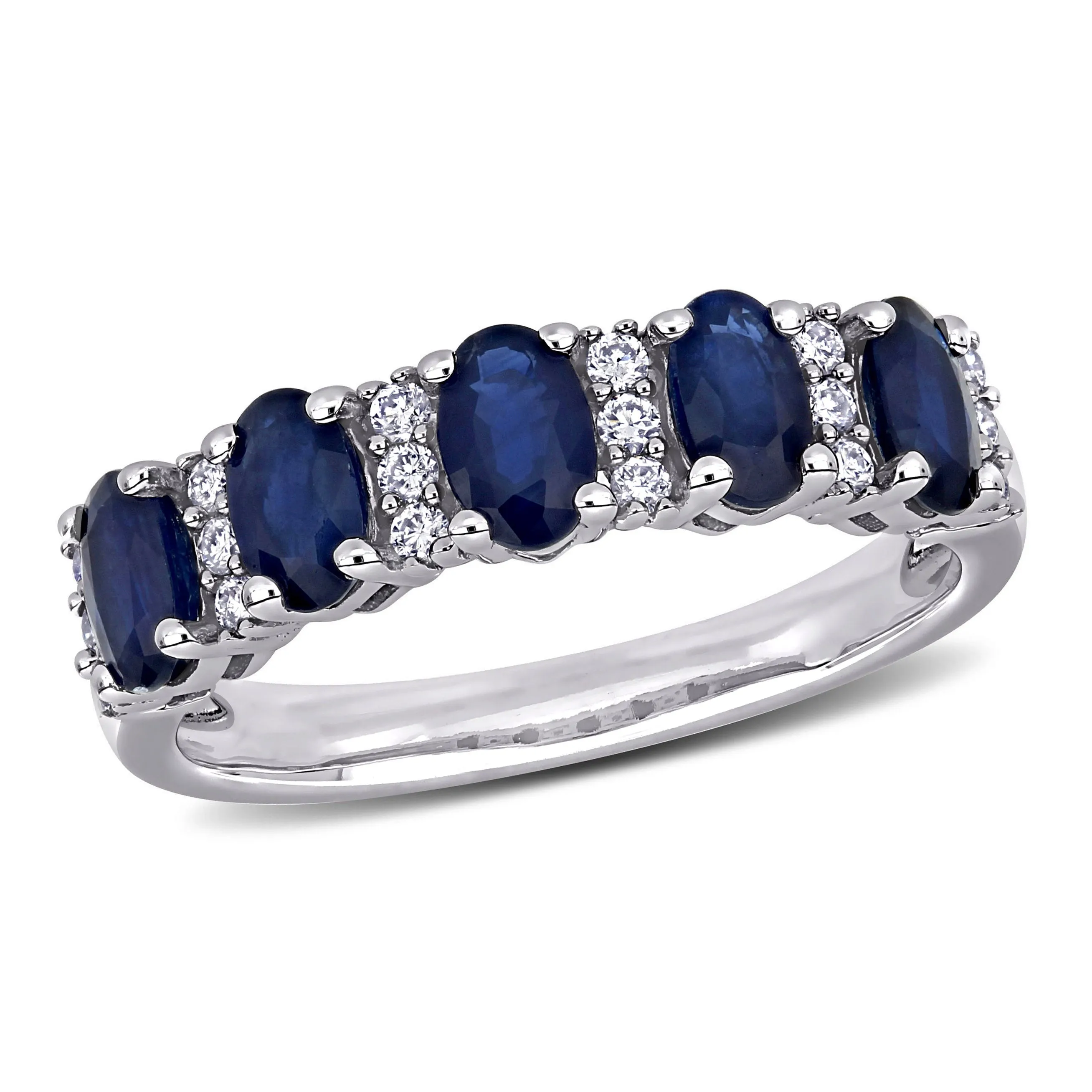 1 1/2 CT TGW Blue Sapphire and 1/6 CT TW Diamond Semi Eternity Ring in 14K White Gold