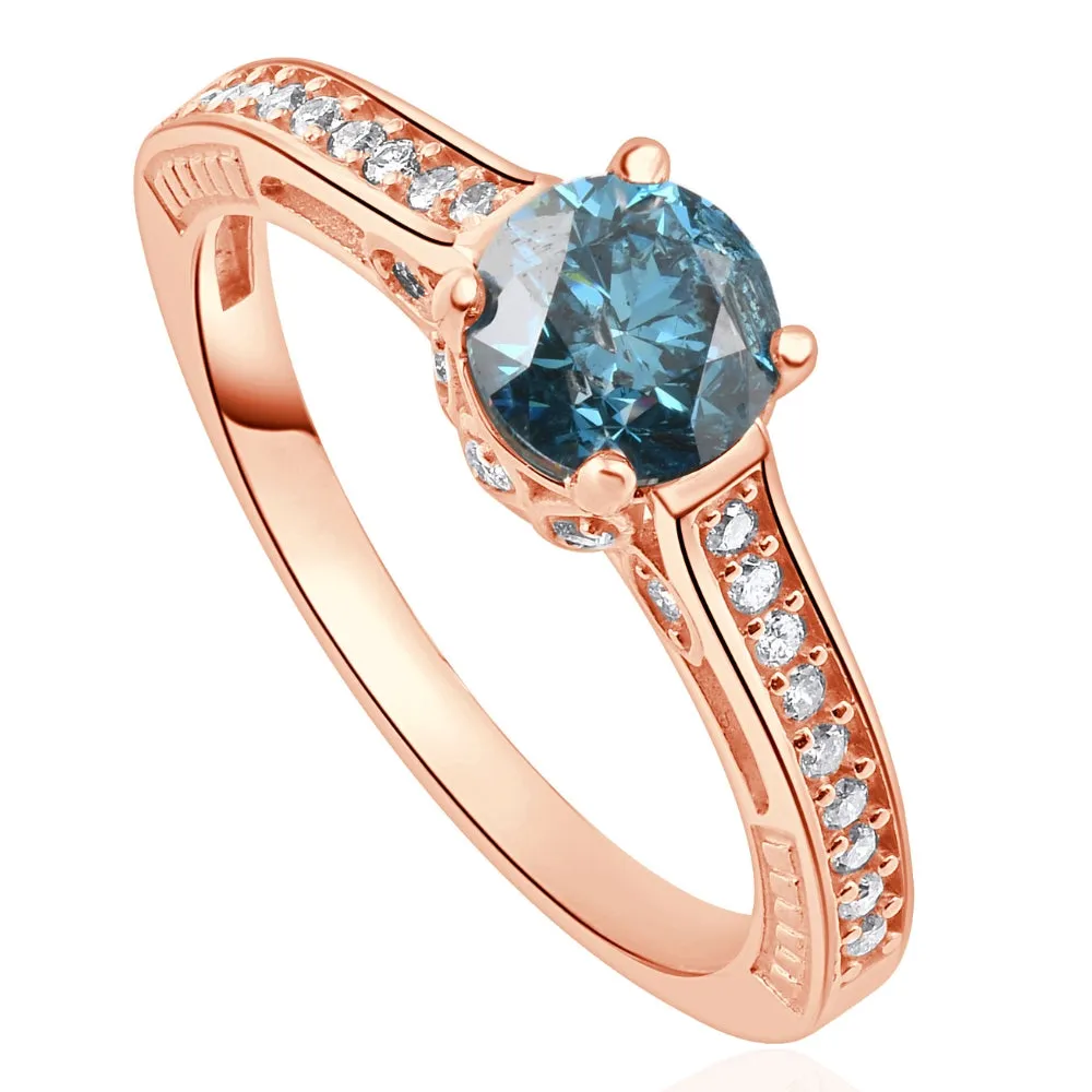 1 1/4Ct Blue Diamond Vintage Engagement Ring 14k Rose Gold