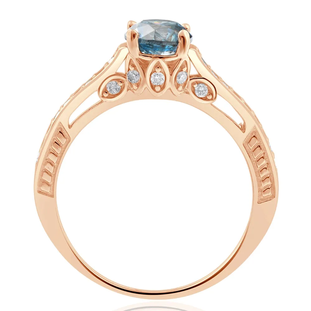 1 1/4Ct Blue Diamond Vintage Engagement Ring 14k Rose Gold