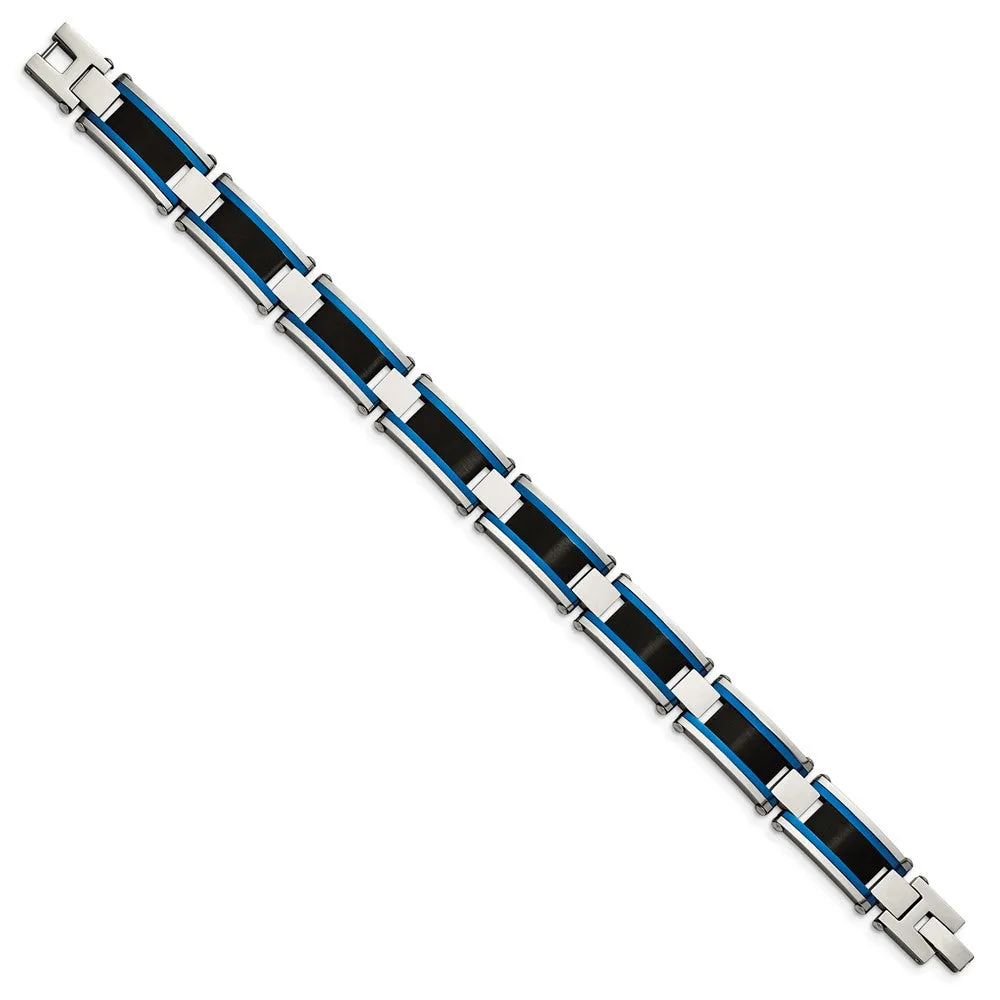 12.5mm Stainless Steel, Black & Blue Plated Link Bracelet, 8.75 Inch