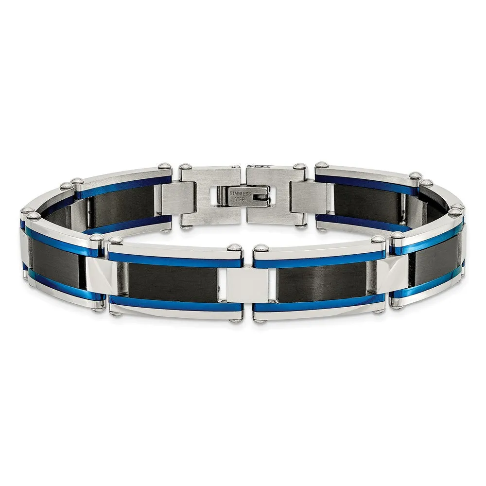 12.5mm Stainless Steel, Black & Blue Plated Link Bracelet, 8.75 Inch