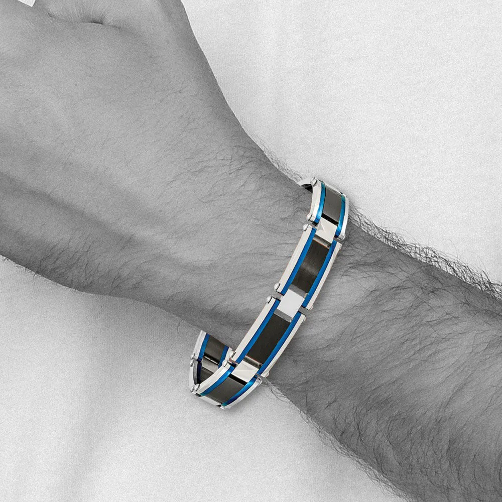 12.5mm Stainless Steel, Black & Blue Plated Link Bracelet, 8.75 Inch