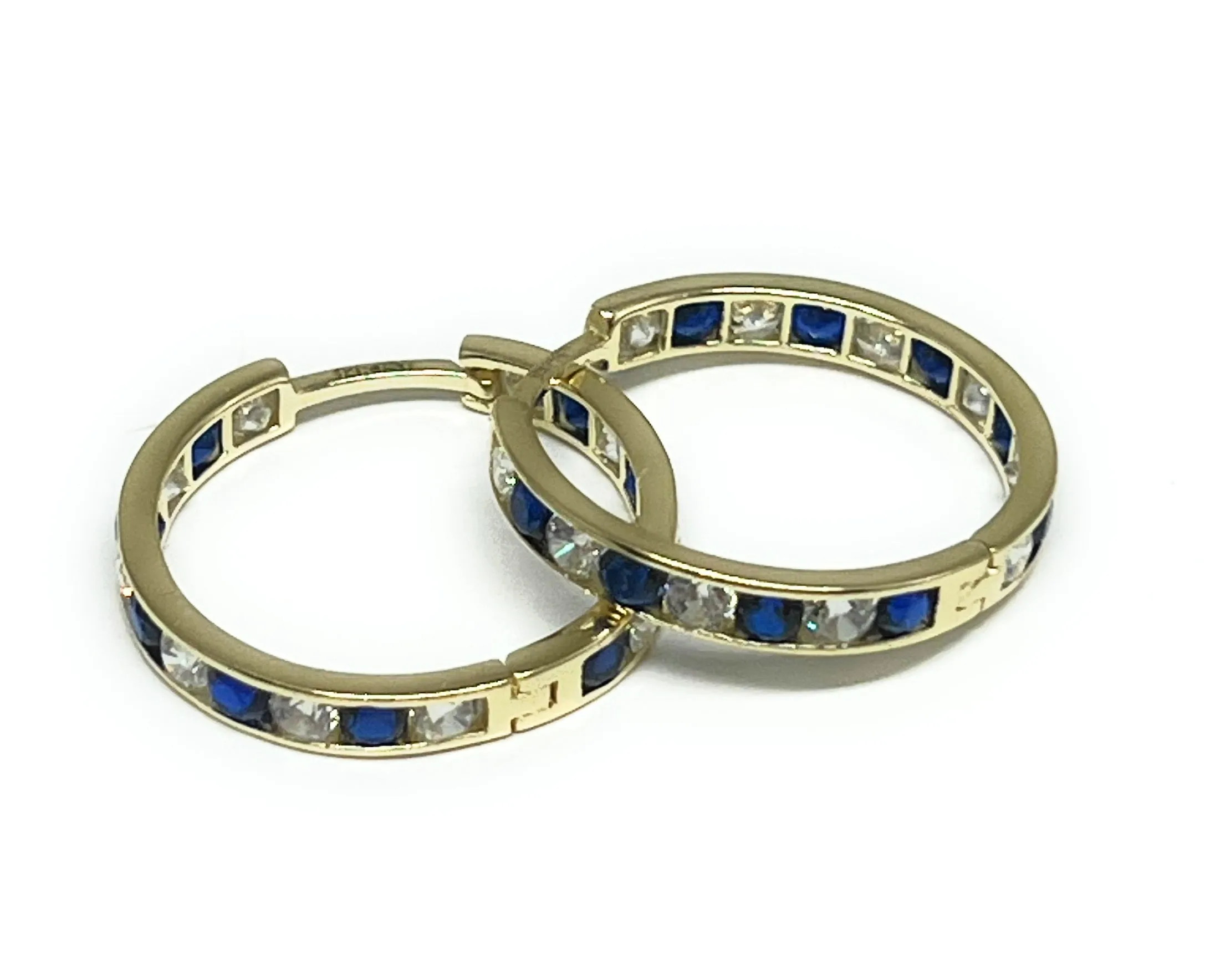 14k Solid Gold Blue & White Cubic Zirconia Huggie Earrings