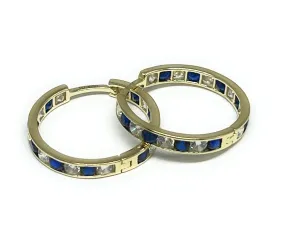 14k Solid Gold Blue & White Cubic Zirconia Huggie Earrings