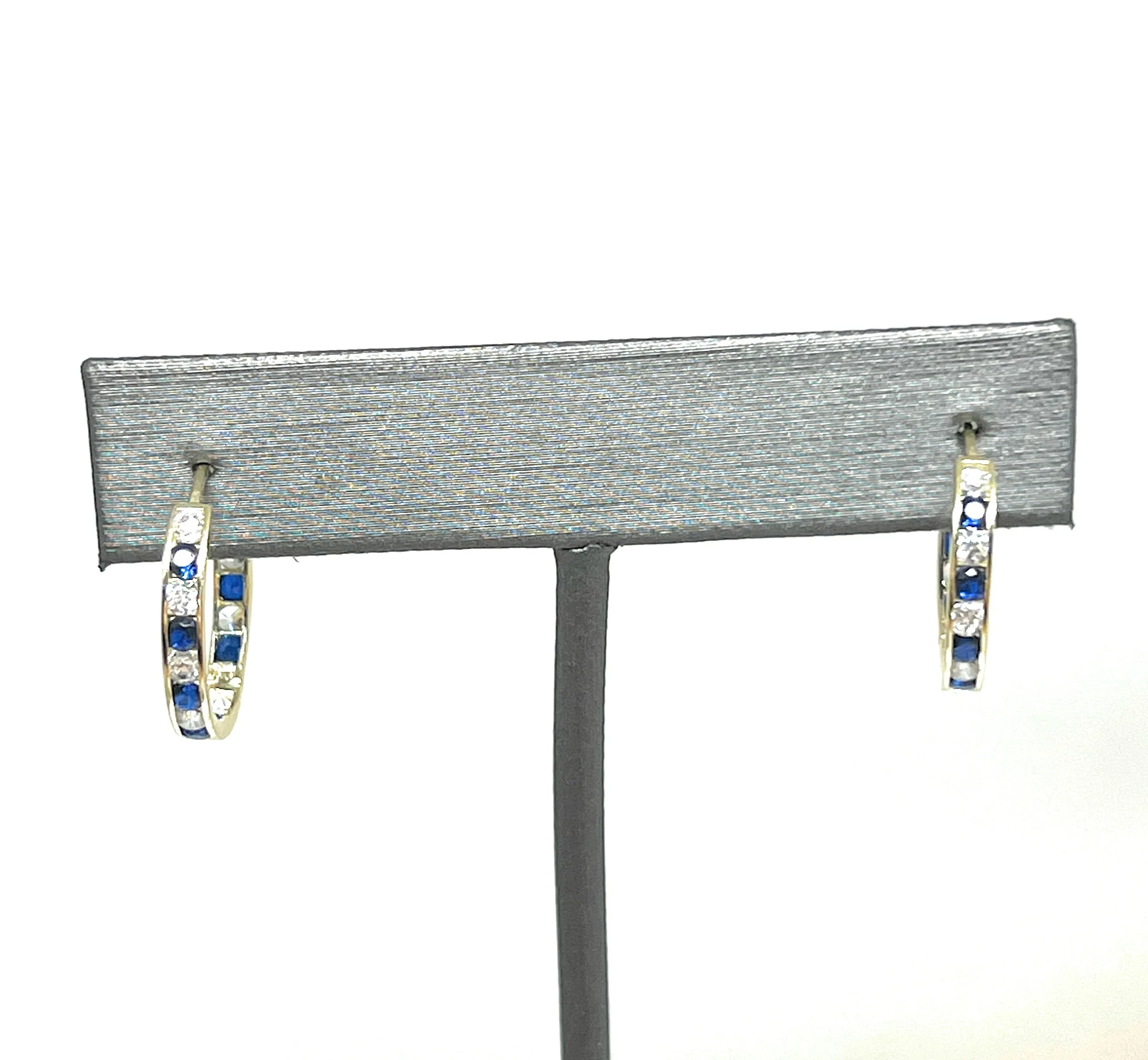 14k Solid Gold Blue & White Cubic Zirconia Huggie Earrings