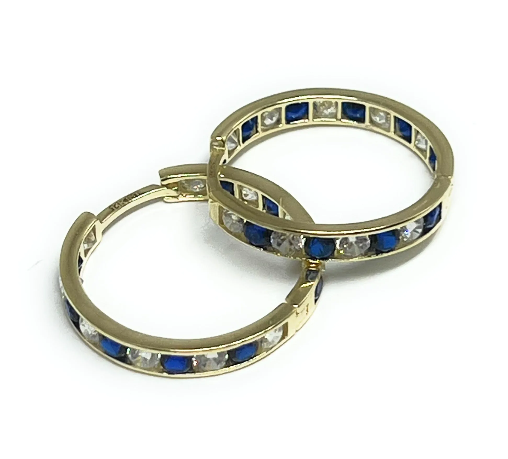 14k Solid Gold Blue & White Cubic Zirconia Huggie Earrings