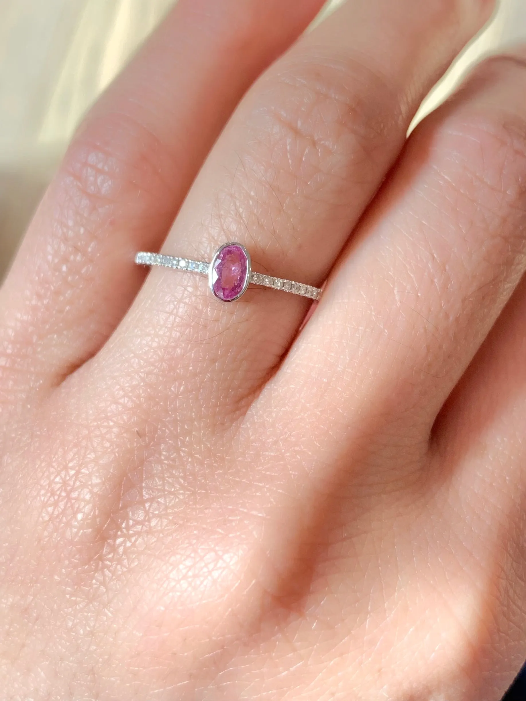 14k White Gold Oval Pink Sapphire Bezel Diamond Engagement Promise Ring