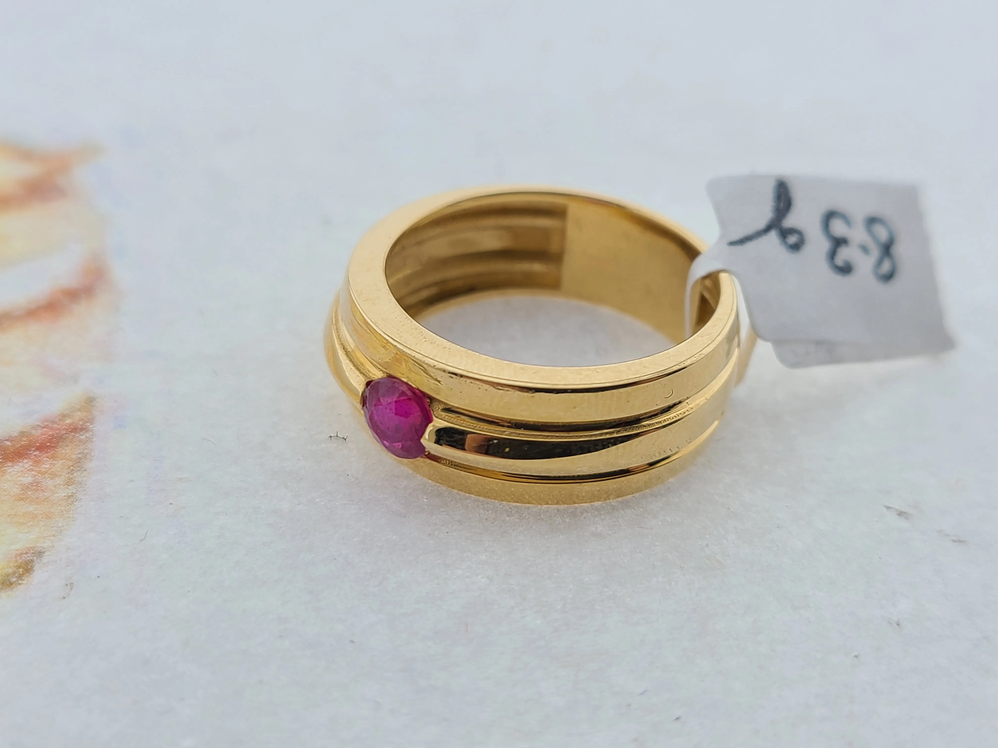 18K Solid Gold Glossy Ring With Pink Zircon R8549