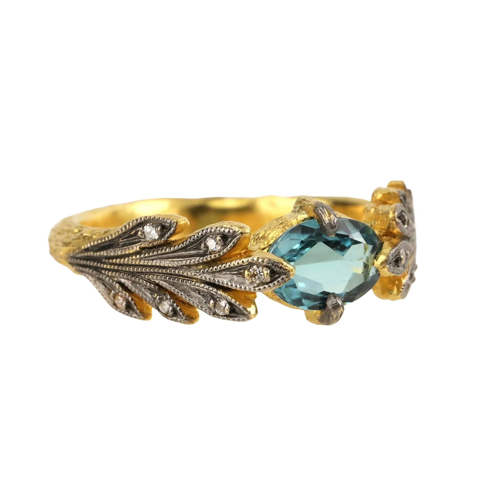 22 Karat Yellow Gold Leafside Ring with Blue/Green Tourmaline and Diamonds