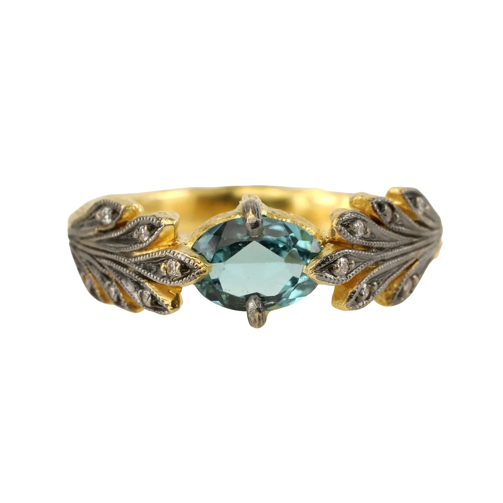 22 Karat Yellow Gold Leafside Ring with Blue/Green Tourmaline and Diamonds