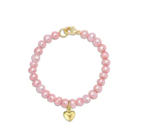 4.5 Pink Freshwater Pearl Strand Bracelet with Heart Charm (Baby)