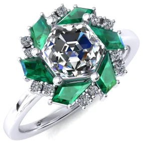 7.0mm Hexagon Center Kite Cut Green Emerald Cluster Halo Ring