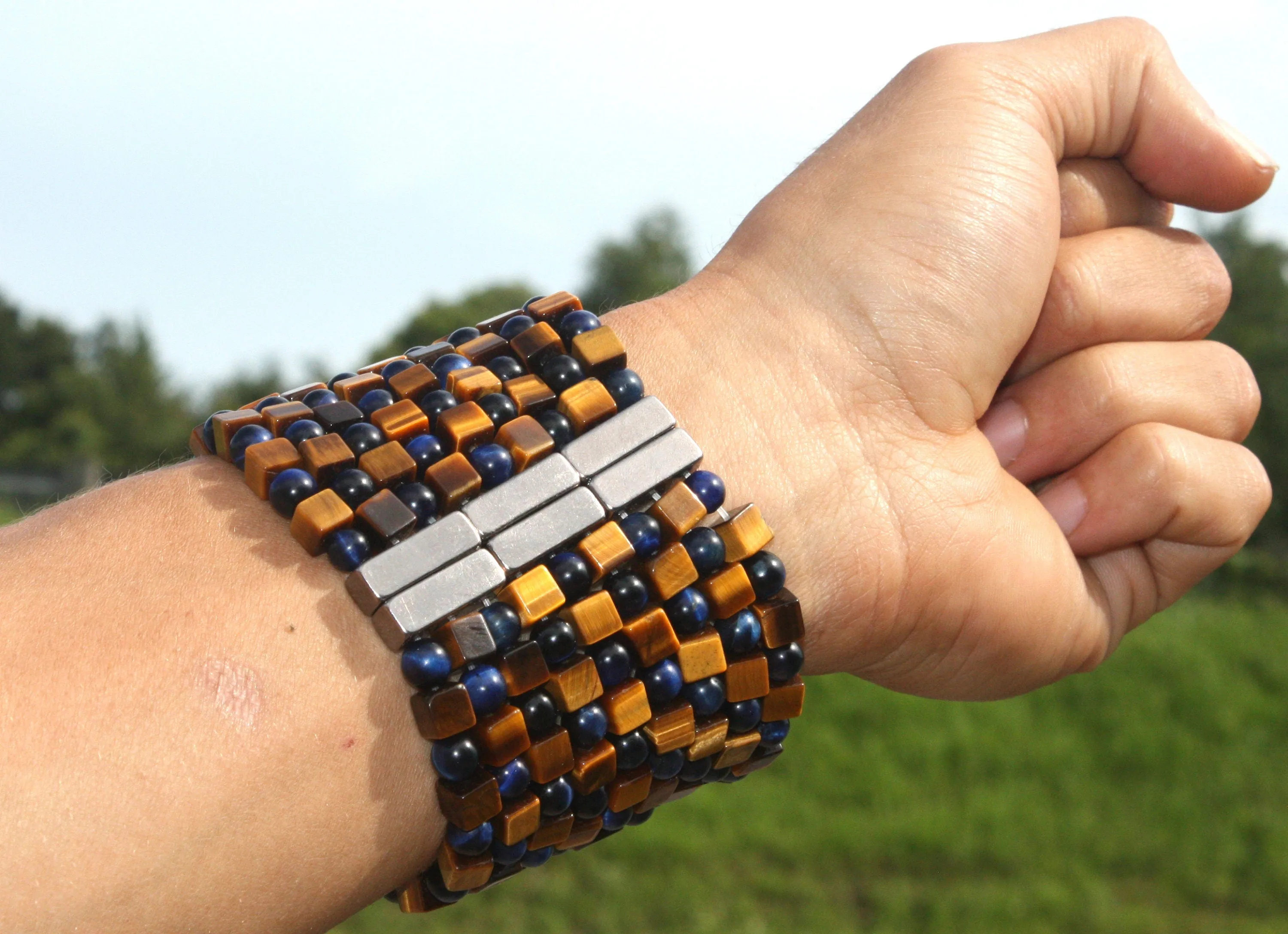 9 Row Tribal Warrior Bracelet - AAA Grade Rare Cute Yellow Tiger Eye Beads - Blue Tiger Eye - Rare Earth Magnetic Clasp