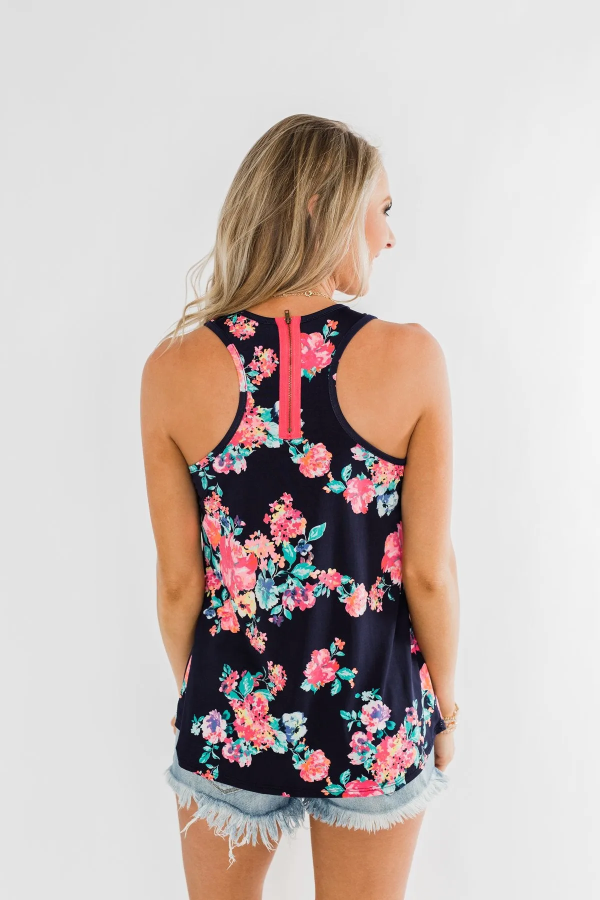 A Bright Floral Summer Tank- Navy