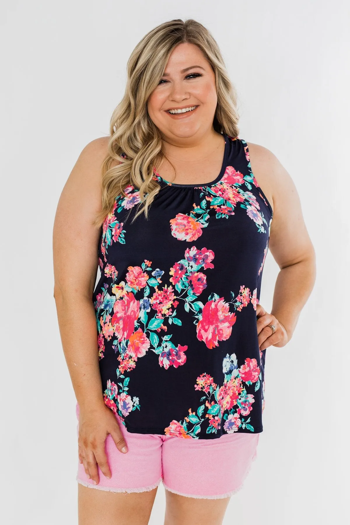 A Bright Floral Summer Tank- Navy