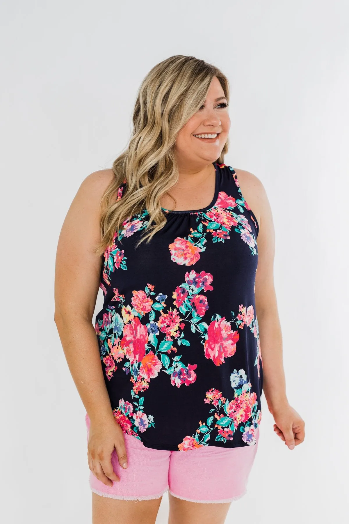 A Bright Floral Summer Tank- Navy