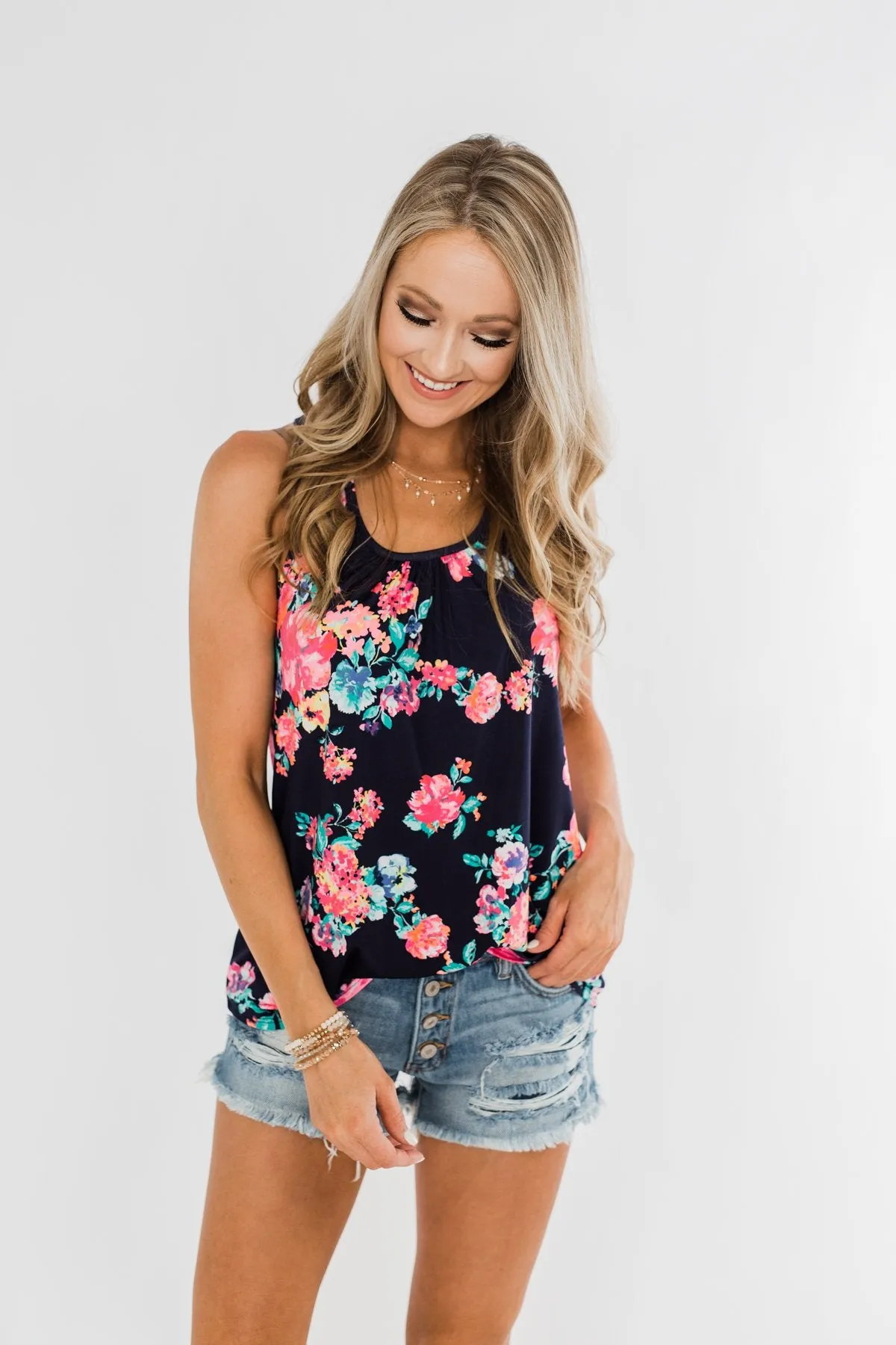 A Bright Floral Summer Tank- Navy