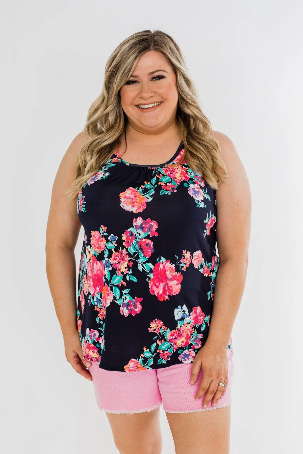 A Bright Floral Summer Tank- Navy