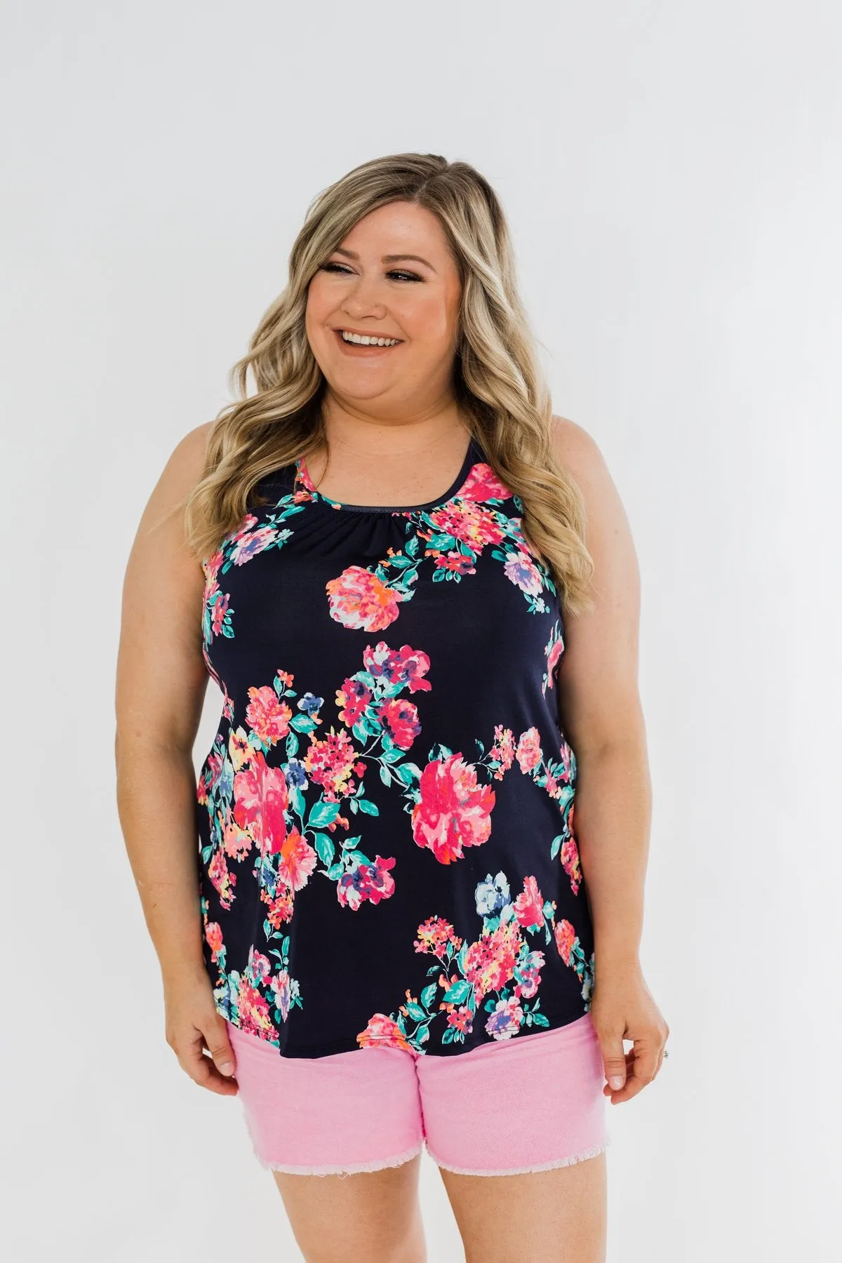 A Bright Floral Summer Tank- Navy