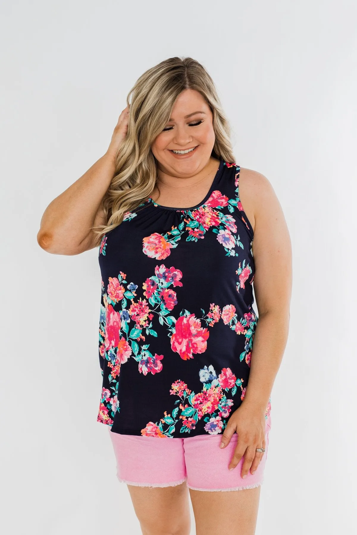 A Bright Floral Summer Tank- Navy