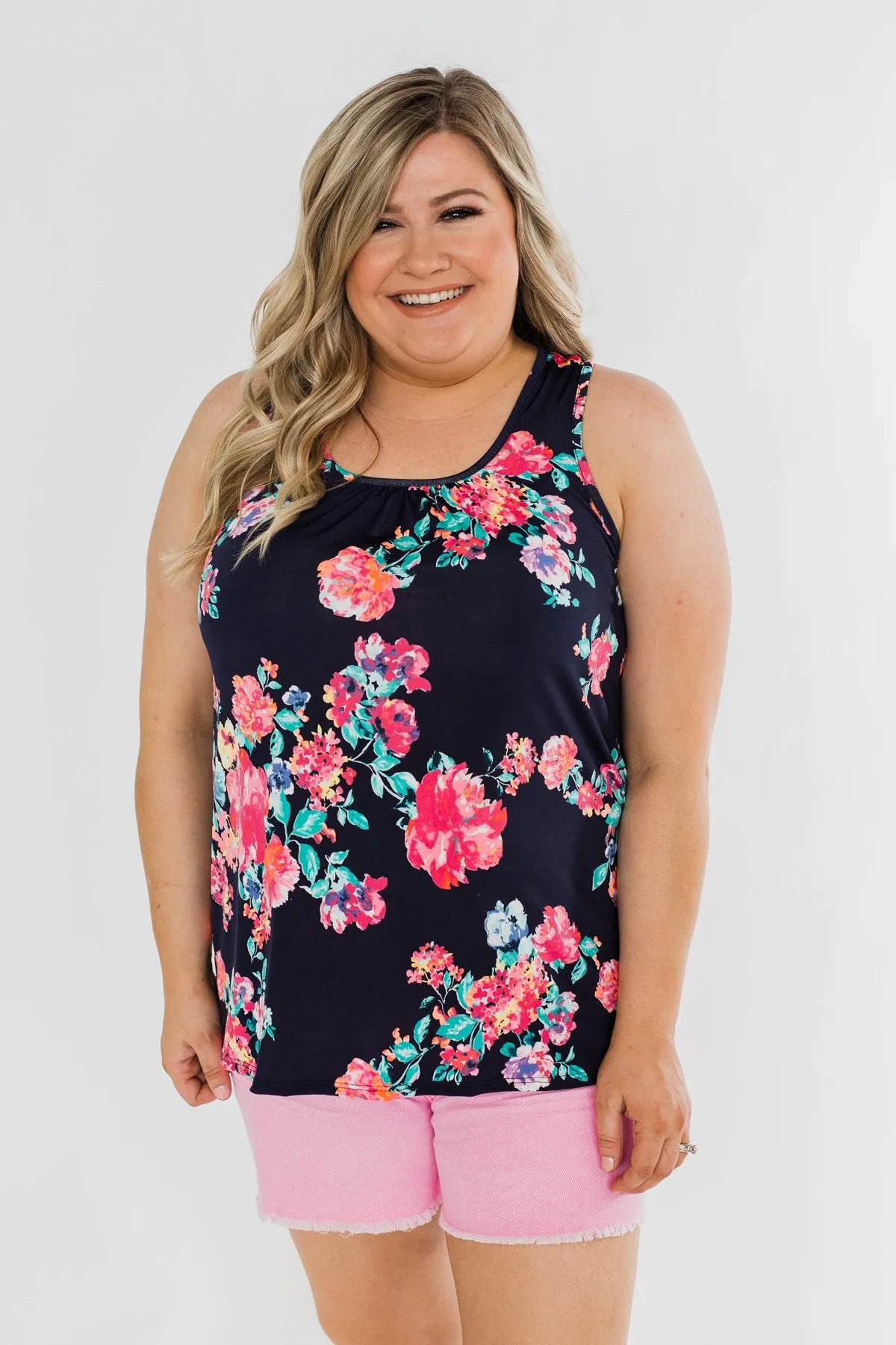 A Bright Floral Summer Tank- Navy