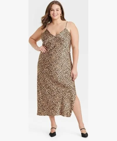 A New Day Women's Midi Slip Dress - A New Day™ Brown Leopard Print 2X