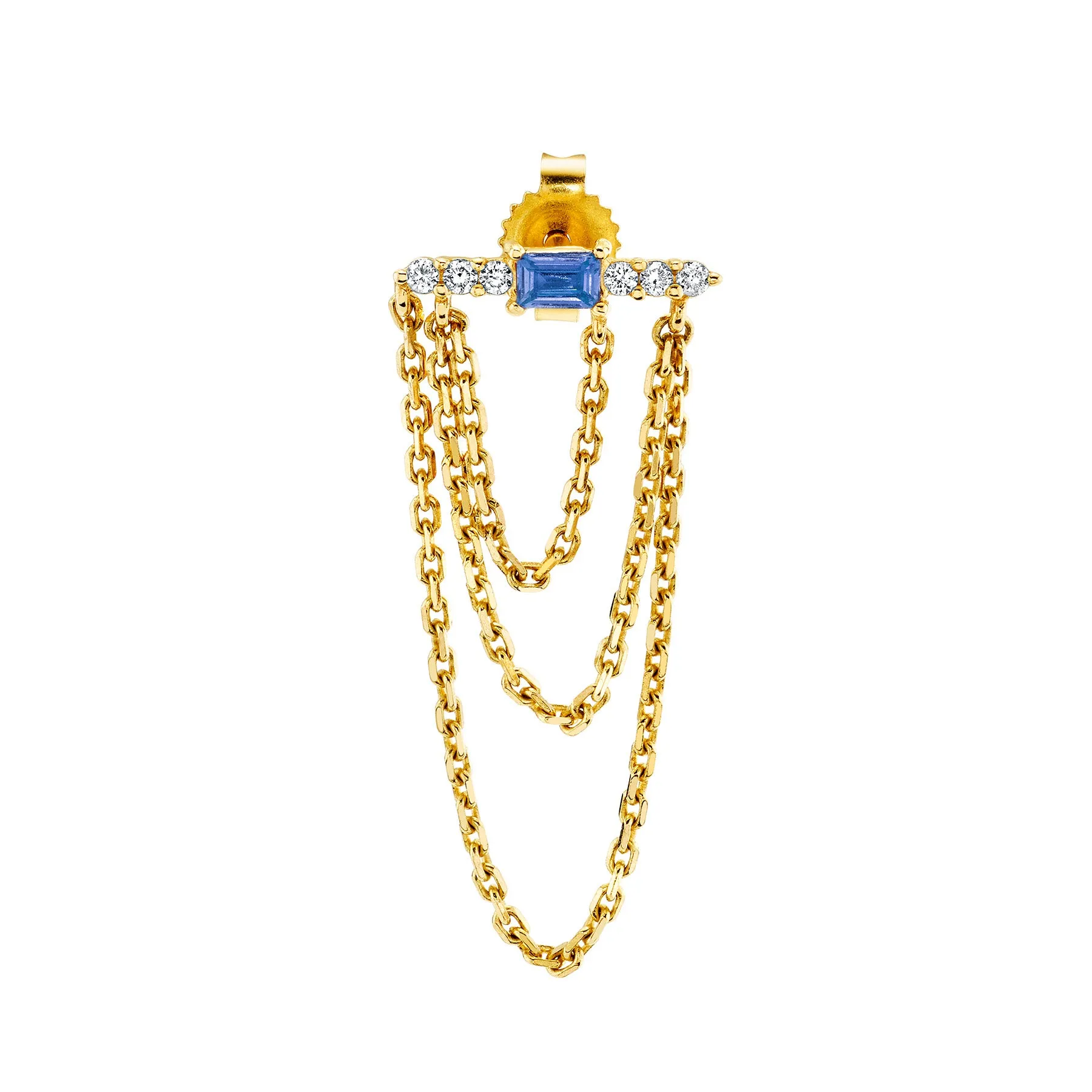 Bestie Baguette Chain Earring - White Diamond and Blue Sapphire / 14k Yellow Gold