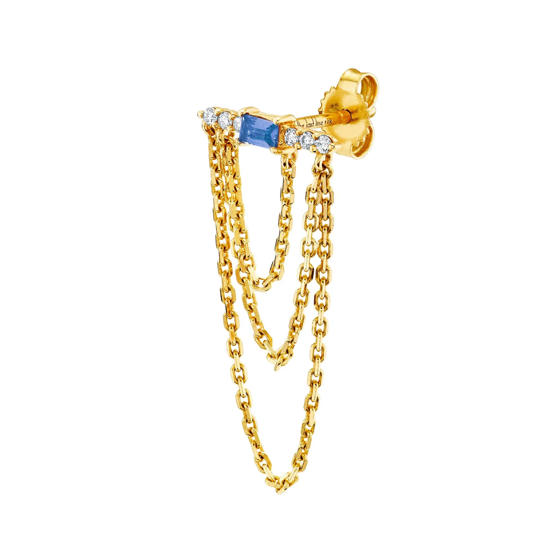 Bestie Baguette Chain Earring - White Diamond and Blue Sapphire / 14k Yellow Gold