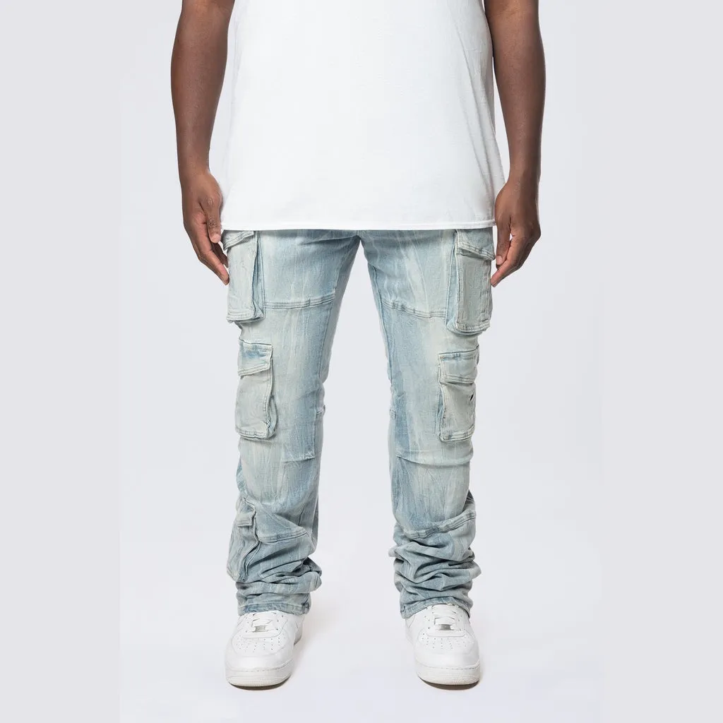 Big and Tall - Stacked Multi Pocket Cargo Jeans - Syosett Blue