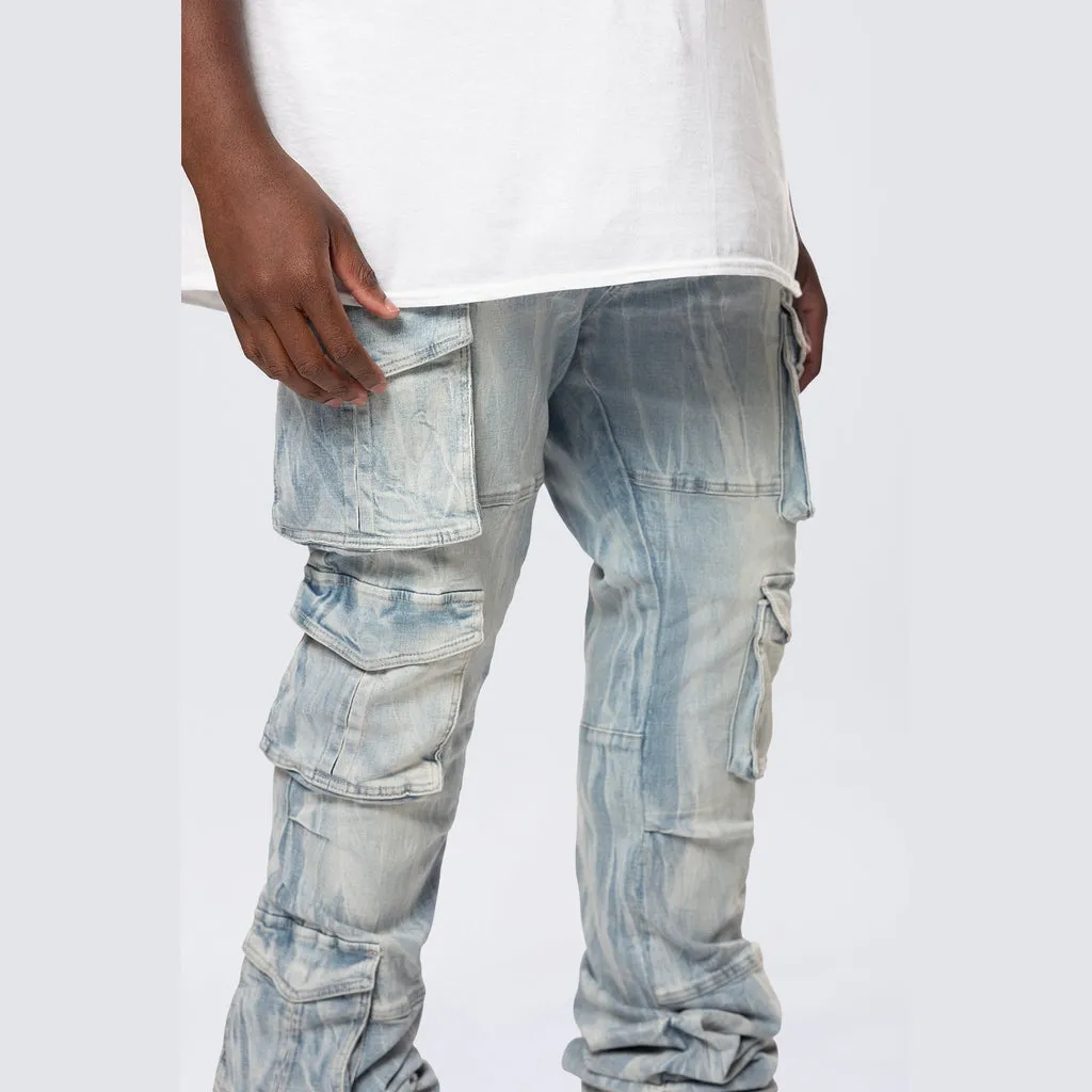 Big and Tall - Stacked Multi Pocket Cargo Jeans - Syosett Blue