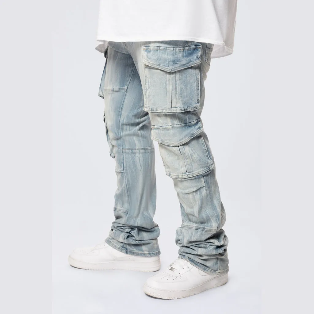 Big and Tall - Stacked Multi Pocket Cargo Jeans - Syosett Blue