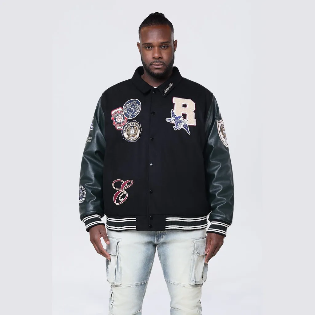 Big and Tall - Tapestry Sleeved Varsity Jacket - Black