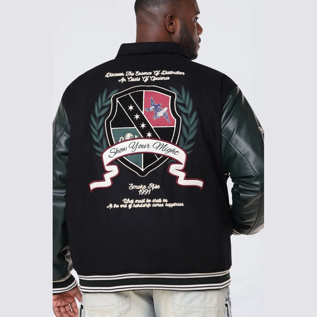 Big and Tall - Tapestry Sleeved Varsity Jacket - Black