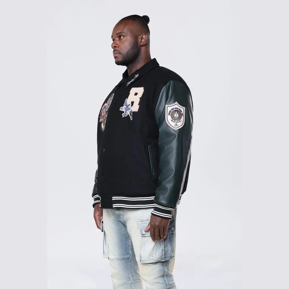 Big and Tall - Tapestry Sleeved Varsity Jacket - Black