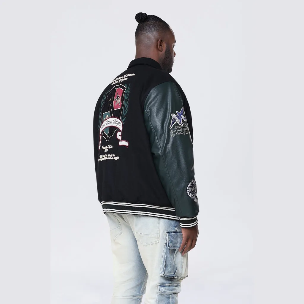 Big and Tall - Tapestry Sleeved Varsity Jacket - Black