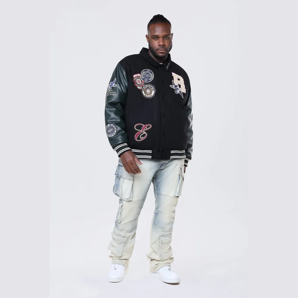 Big and Tall - Tapestry Sleeved Varsity Jacket - Black