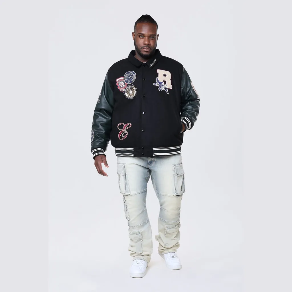 Big and Tall - Tapestry Sleeved Varsity Jacket - Black