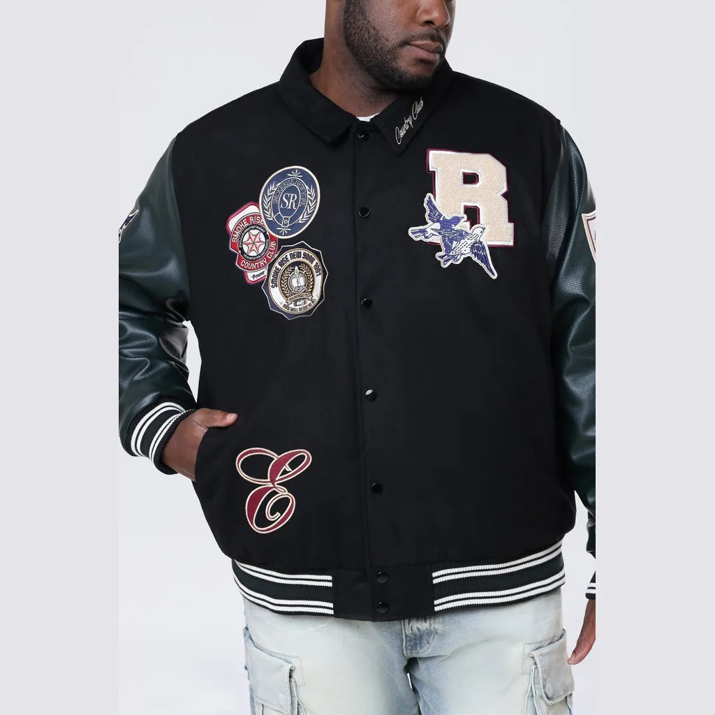 Big and Tall - Tapestry Sleeved Varsity Jacket - Black