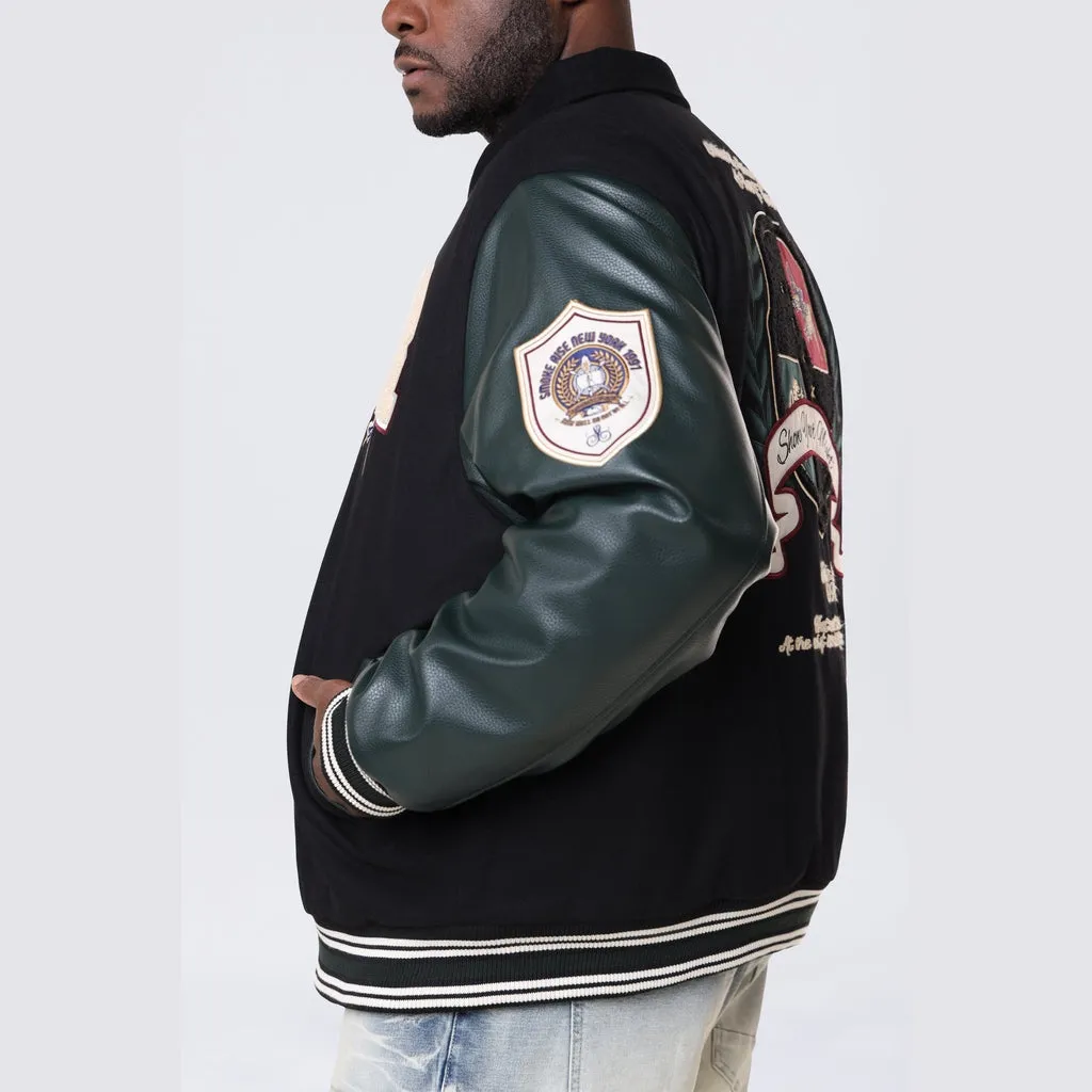 Big and Tall - Tapestry Sleeved Varsity Jacket - Black