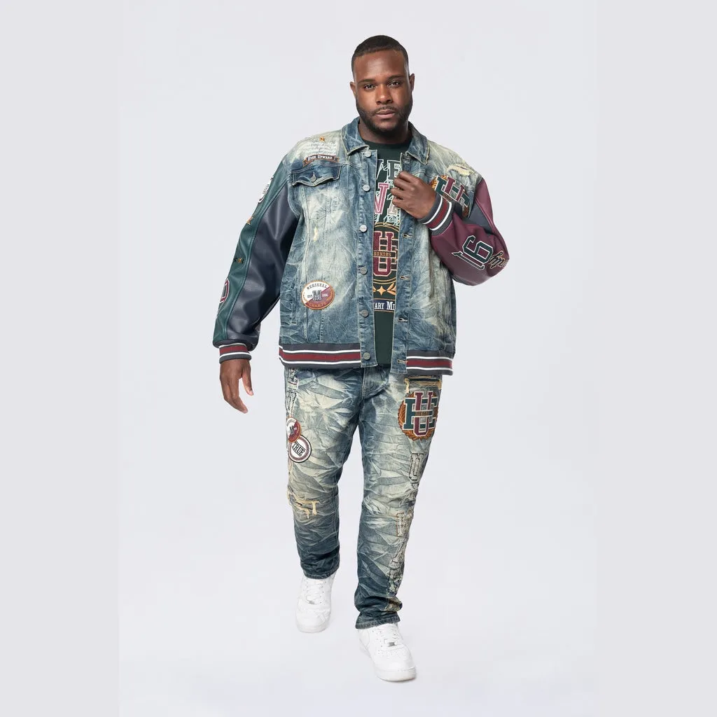 Big and Tall - Vegan Leather Sleeve Varsity Denim Jacket - Alley Blue