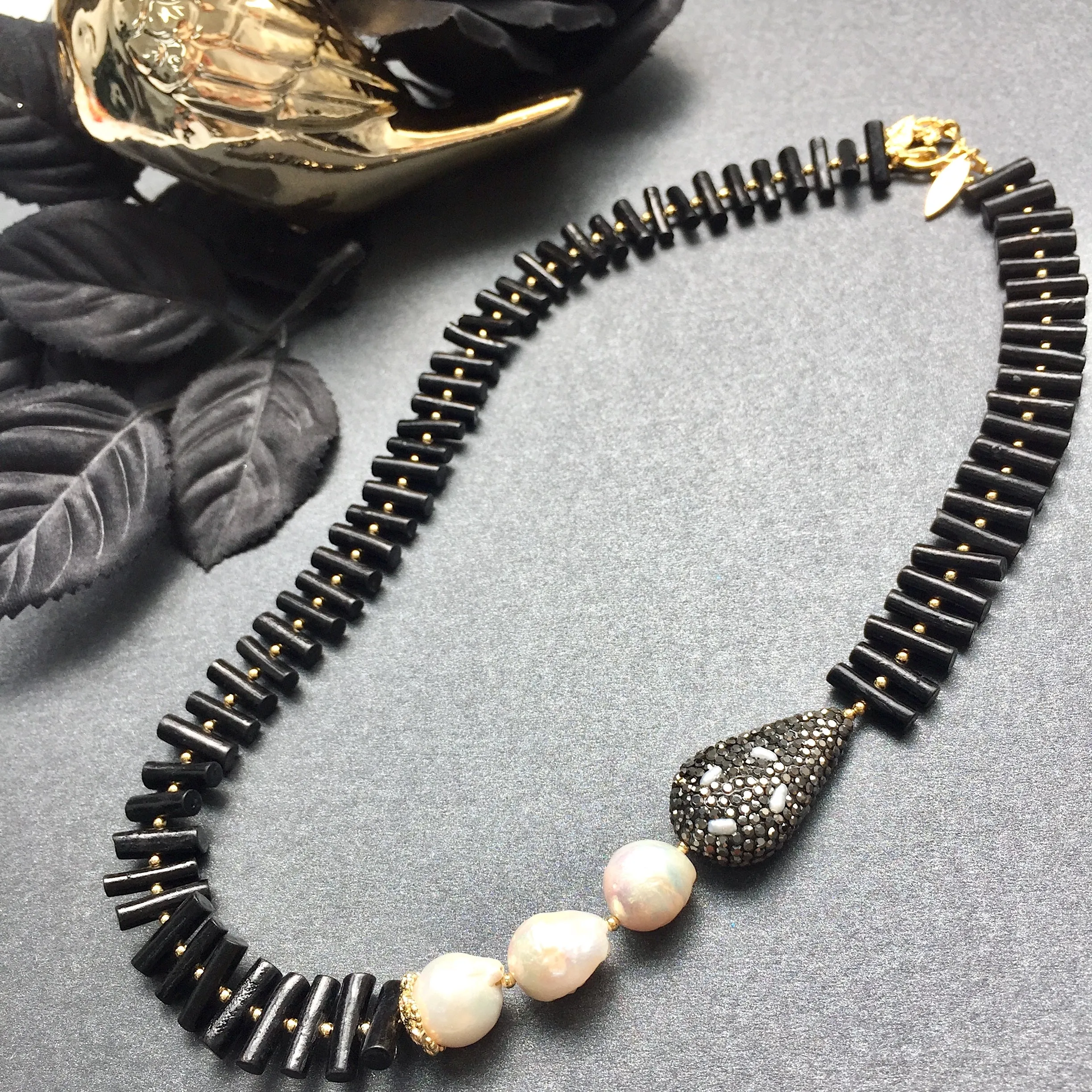 Black Coral With Freshwater Pearl Statement Necklace MN008