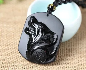 Black Obsidian Carved Wolf Amulet Pendant Viking Necklace