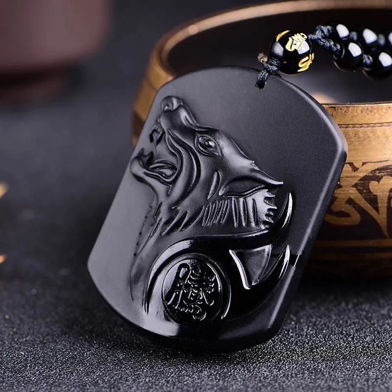 Black Obsidian Carved Wolf Amulet Pendant Viking Necklace