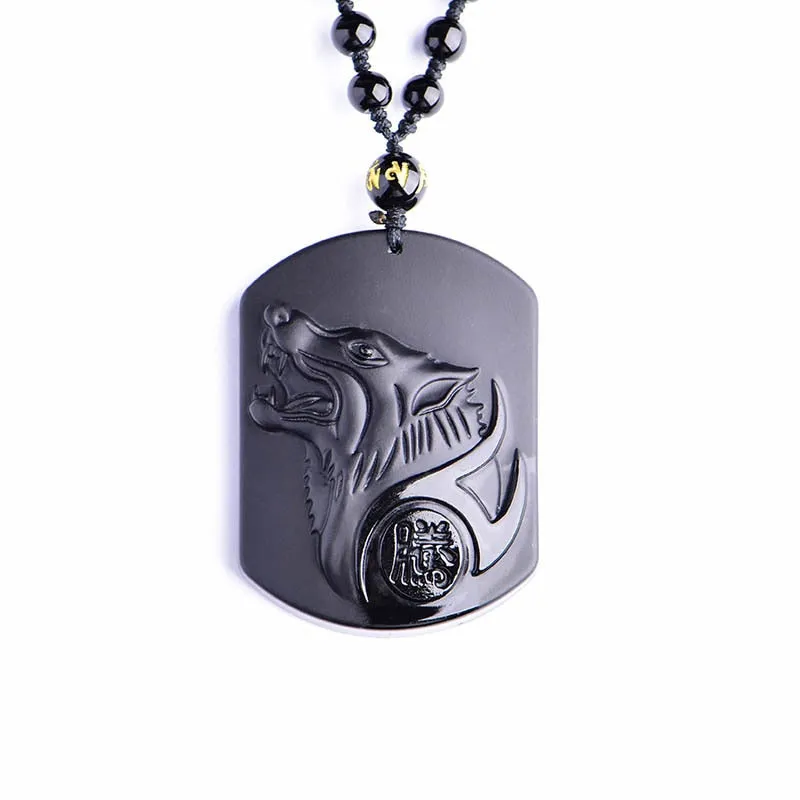 Black Obsidian Carved Wolf Amulet Pendant Viking Necklace