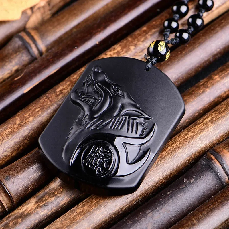 Black Obsidian Carved Wolf Amulet Pendant Viking Necklace