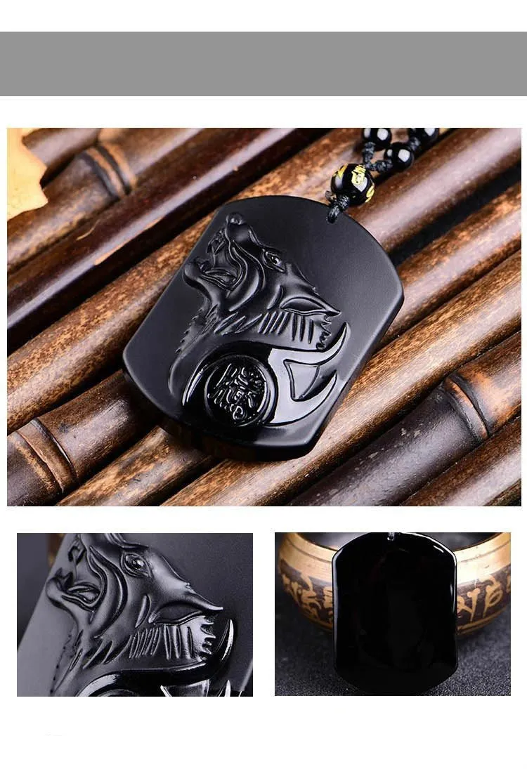 Black Obsidian Carved Wolf Amulet Pendant Viking Necklace