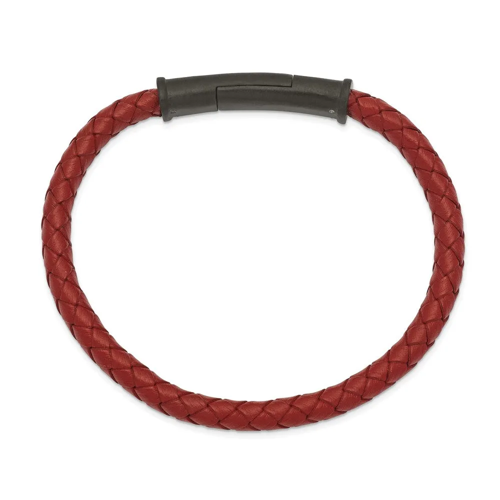 Black Plated Stainless Steel, Red Leather 6mm Braided Bracelet, 8.5 In