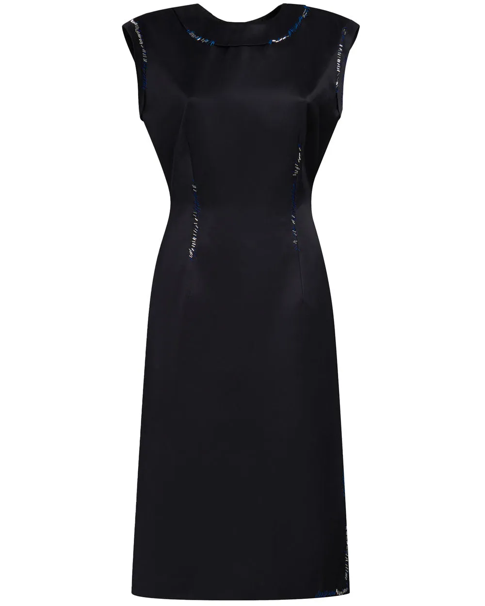 Black Satin Bead Embroidered Sleeveless Midi Dress