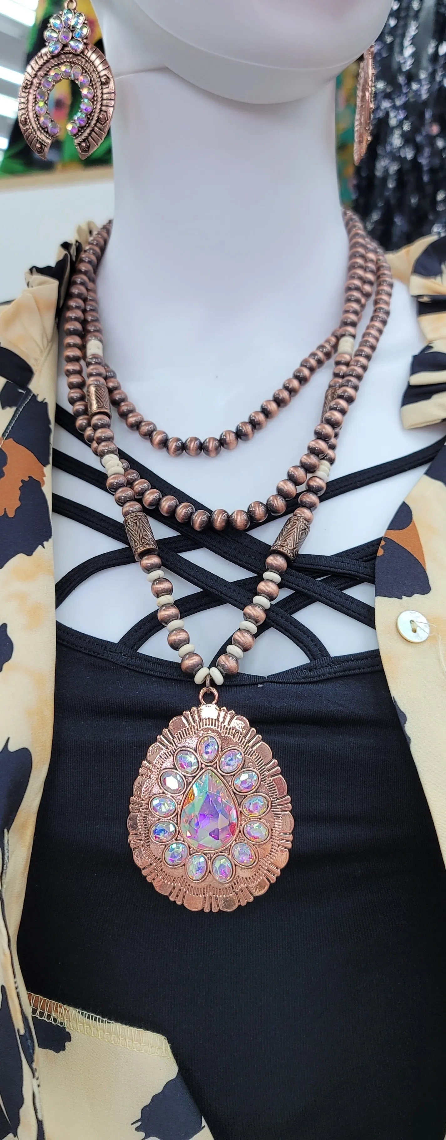 Bling Copper Concho Pendant, 3 Strand Navajo Pearl Necklace