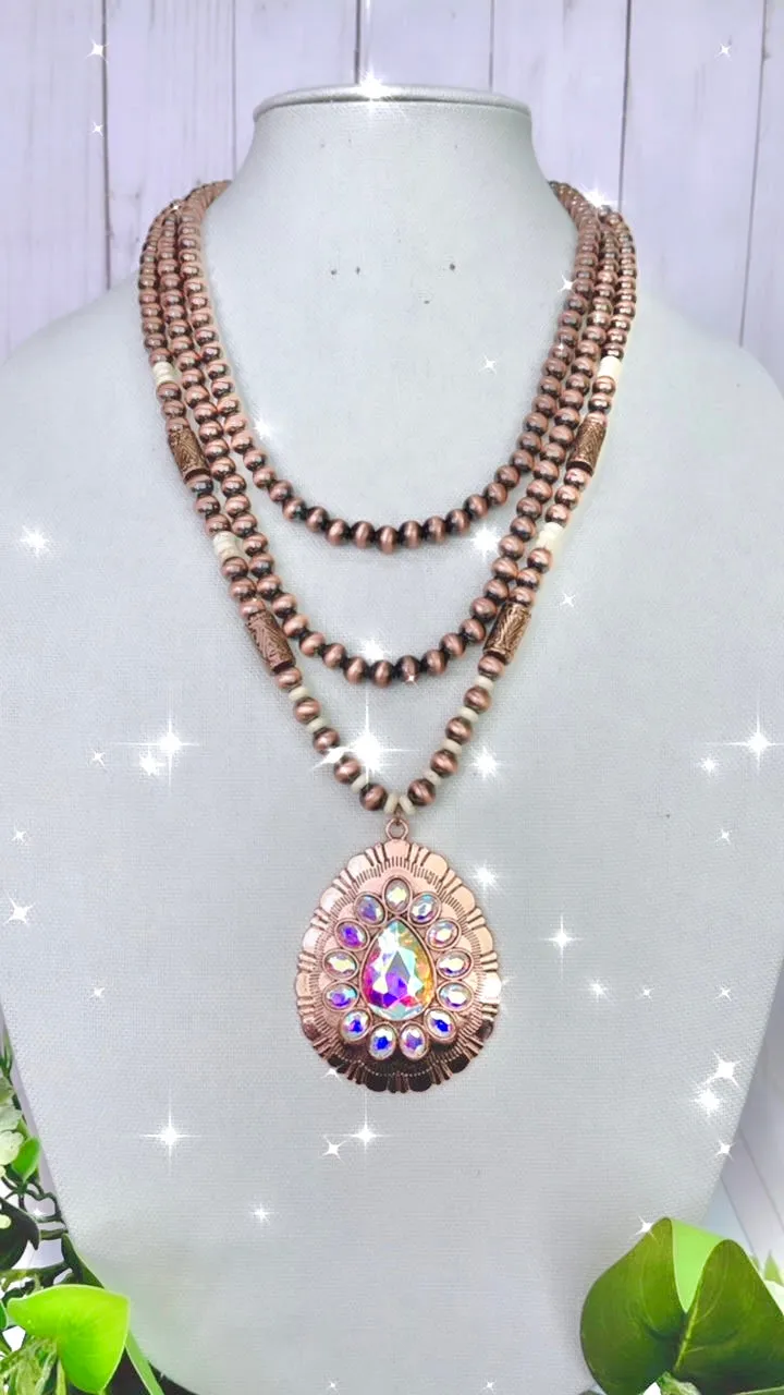 Bling Copper Concho Pendant, 3 Strand Navajo Pearl Necklace